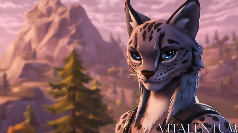 Confident lynx adventurer gazes across a calm mountain valley