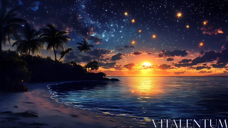 Hyper-saturated tropical shoreline under dense stellar sunset sky