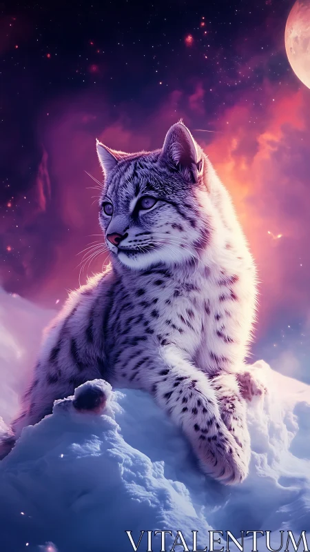 Starlit snow leopard resting beneath cosmic aurora glow.