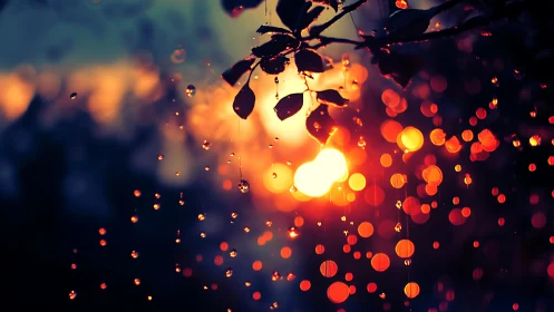 Backlit raindrops in warm bokeh over twilight foliage.