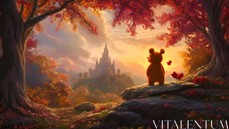 Autumn bear overlooks distant fairytale castle at sunset.