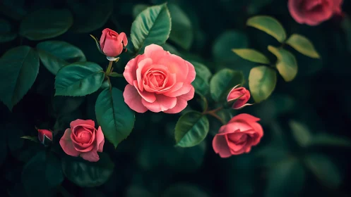 Coral-hued roses in chiaroscuro botanical composition.
