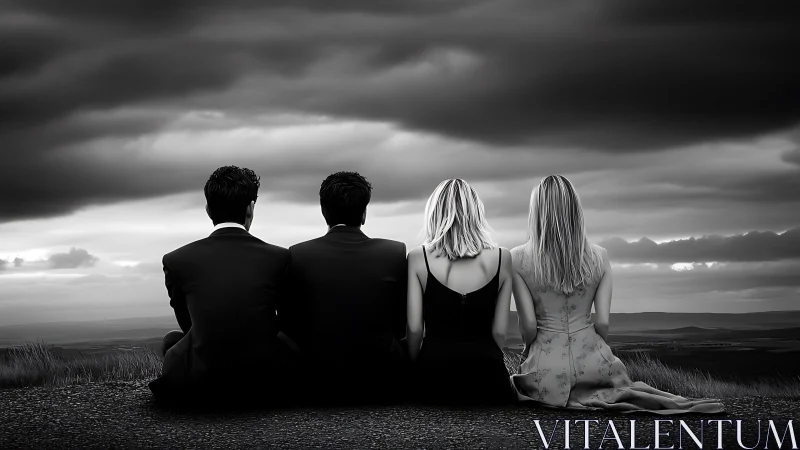 Four figures contemplate vast landscape under stormy sky.