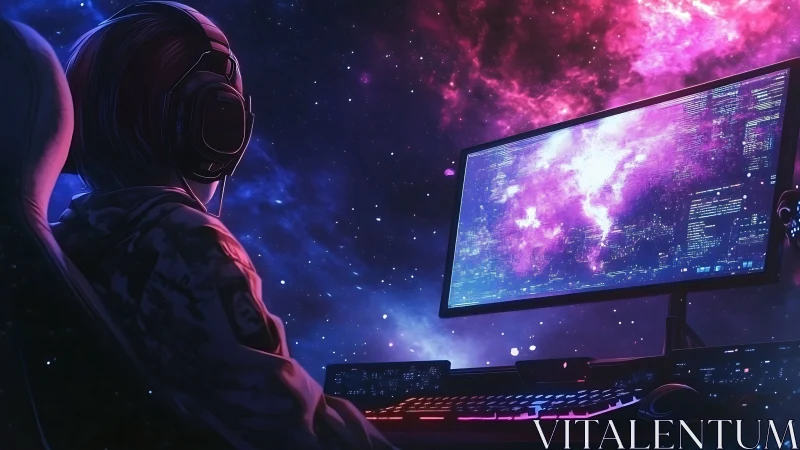 Gamer at widescreen desktop monitors glowing nebula visuals