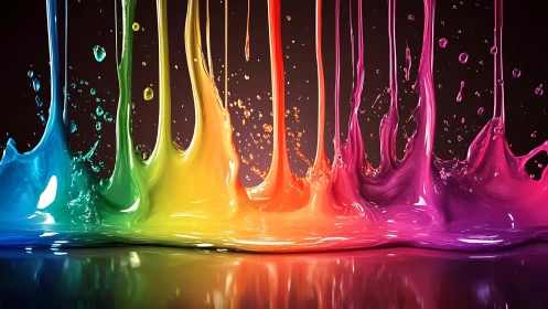 Vivid rainbow paint splashes flowing over reflective surface.