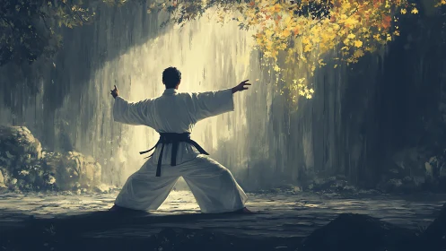 Karate practitioner in deep stance before illuminated waterfall