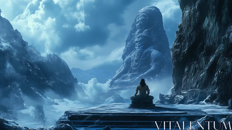 Solitary figure faces monumental seated statue in icy canyon
