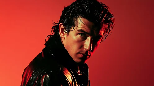 High-contrast male portrait in red gel lighting and leather jacket