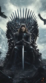 Brooding sword king upon a jagged iron nightmare throne.