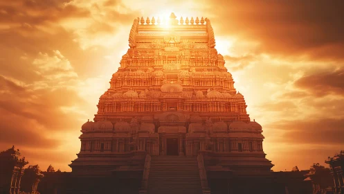 Sunlit Dravidian temple tower glows against dramatic sky.