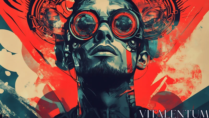 Male cyborg portrait framed by abstract red mechanical forms