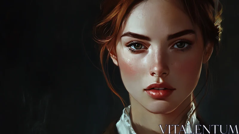 Digital portrait of intense young woman on dark background.