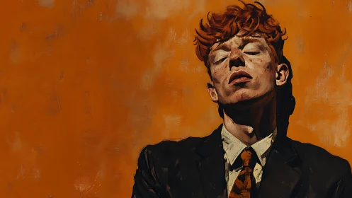 Expressive red-haired portrait against saturated orange field.