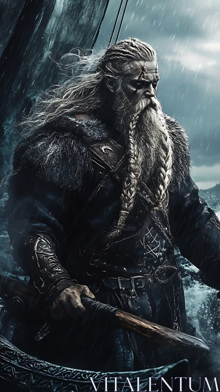 Storm-forged Viking warrior with braided beard and axe.