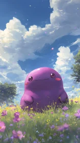 Purple blob creature in sunlit wildflower meadow under cumulus sky