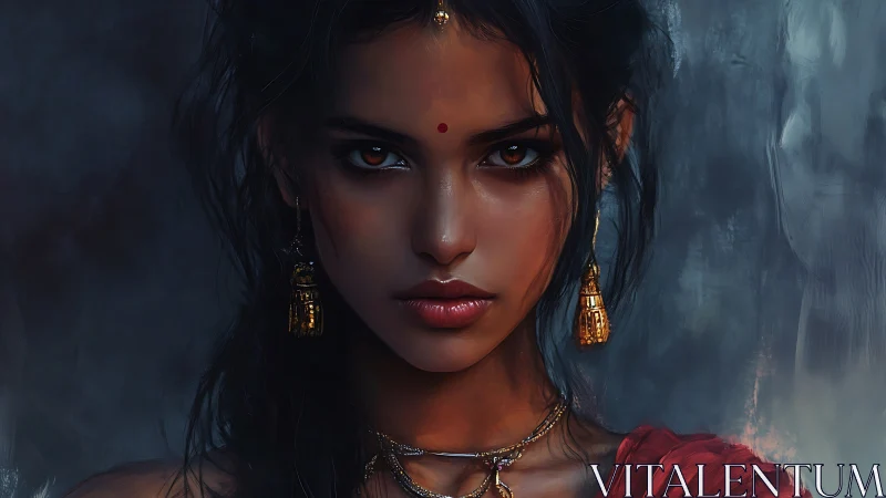 Digital portrait of intense woman with gold jewelry focus.