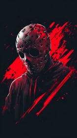 Moody masked figure stands in vivid red splatter light