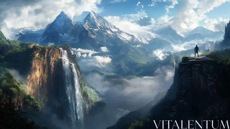 Digital painting of monumental waterfall vista and distant peaks.
