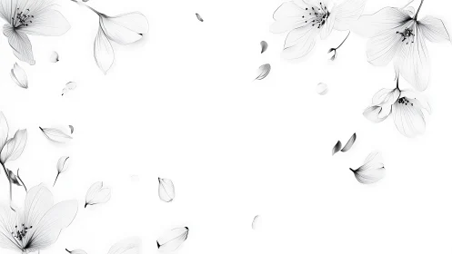 Delicate Botanical Line Art: Detailed Floral Composition with Scattered Petals.