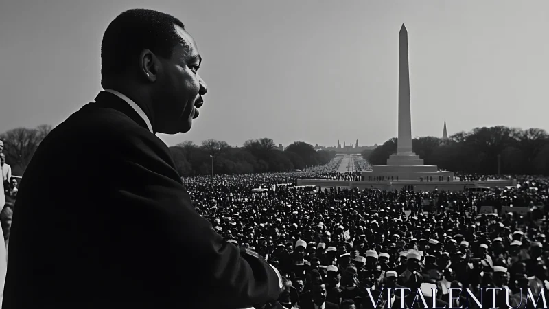 Civil rights orator overlooks vast crowd at monument.
