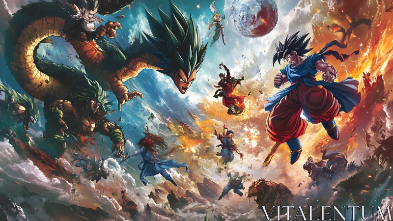 Dynamic anime battle panorama with celestial dragon and fighters