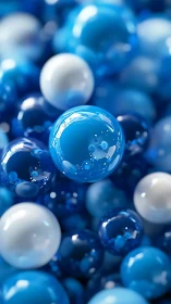 Glistening blue and white spheres drift in a calm playful dance