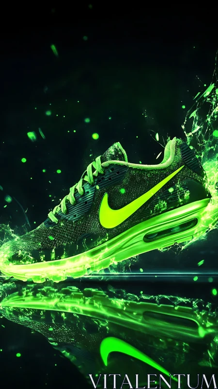 Neon green running shoe explodes through liquid light field.