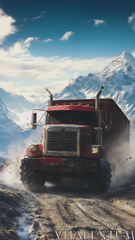 Red semi truck on muddy mountain road in winter landscape.