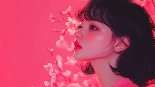 Soft neon portrait of girl gazing through bright cherry petals