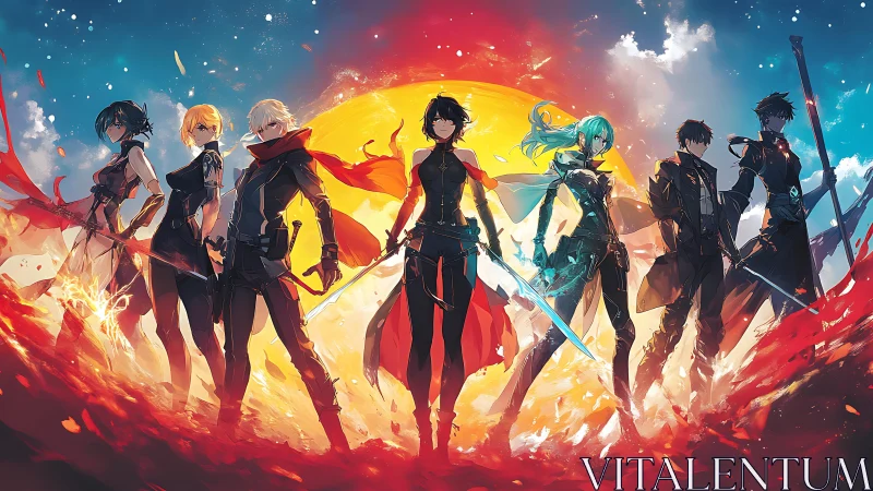 Heroes stand united before a blazing sun in vivid skies