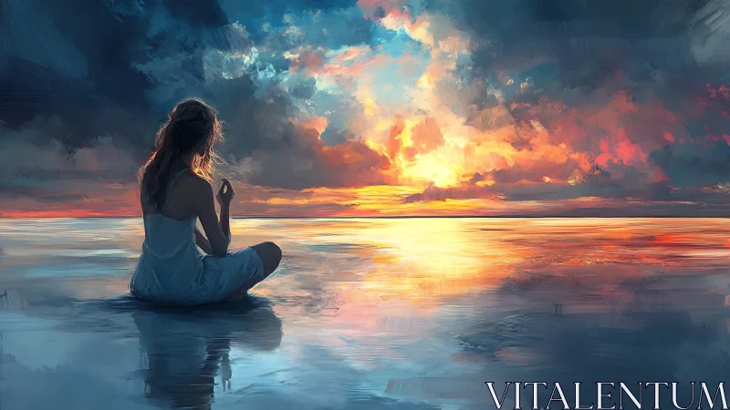 Woman sits on reflective shoreline watching dramatic sunset