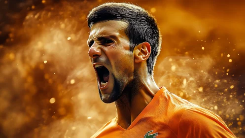 Dynamic tennis portrait isolates a roaring athlete in molten light