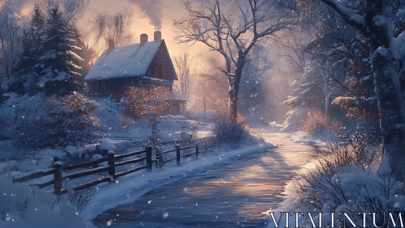 Snowy country house beside frozen winter road at dusk.