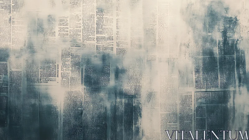 Faded newspaper columns blur into misted blue haze.