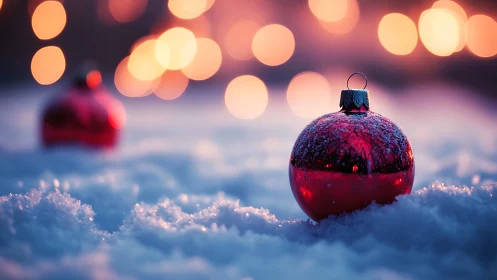 Red glass ornament rests on snowy ground under holiday bokeh