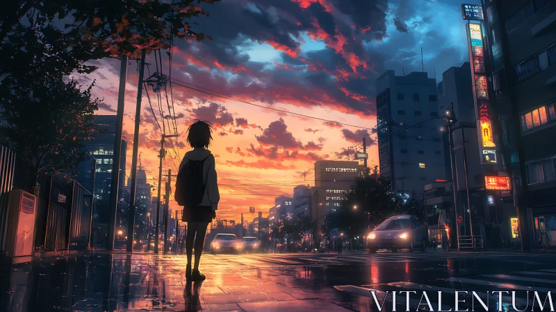 Adolescent silhouette observes neon-lit city under cinematic dusk