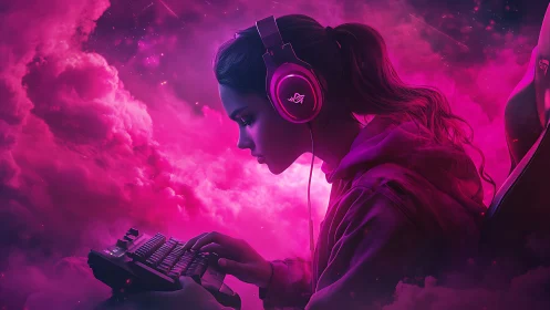 Side profile shows gamer with keyboard in pink nebula cloud