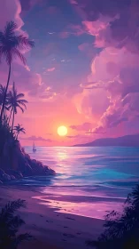 Sunset paints the neon-tide shoreline in dreamy lavender hush