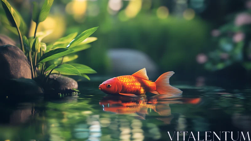Goldfish drifts through tranquil pond with soft bokeh light.