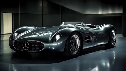 Sleek retro-futurist roadster gliding through soft studio light.