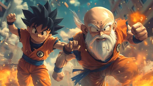 Anime fighters charge forward in fiery urban battle scene.