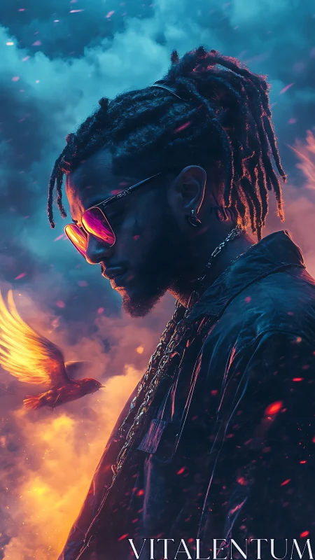 Radiant portrait glows as a quiet figure meets a fiery bird