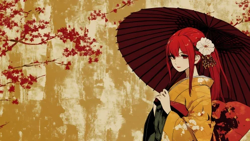 Red-haired kimono girl stands beneath a crimson parasol.