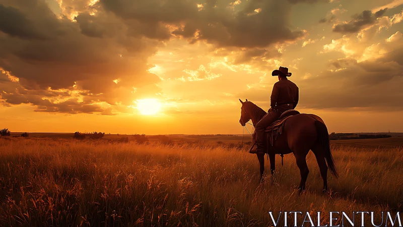 Golden prairie sunset welcomes a lone cowboy and his horse