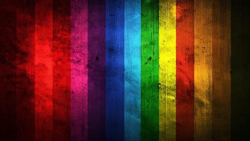 Weathered rainbow wood planks radiate saturated color bands.