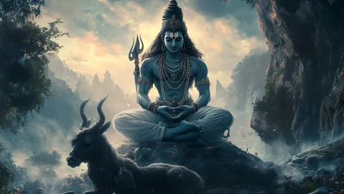 Blue-skinned ascetic meditates on rocky ledge in misty gorge