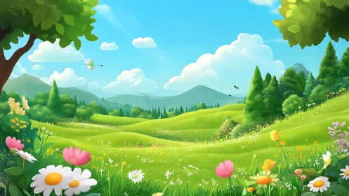 Sunny flower meadow stretches under soft rolling hills