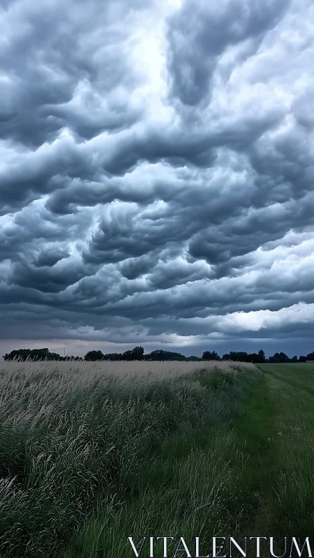 Storm-soft clouds rolling above a quiet country field.