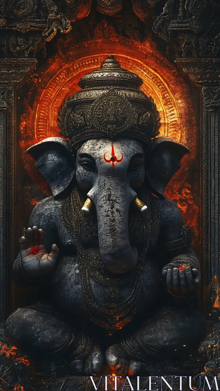 Ganesha deity idol framed by molten halo and carvings.