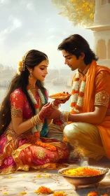 Digital painting of Indian couple sharing sacred wedding ritual.